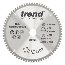 Trend CSB/CC26072 Wood/Chipboard/MDF Circular Saw Blade 260mm x 30mm 72T