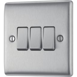 British General Nexus Metal 20A 16AX 3-Gang 2-Way Light Switch  Brushed Steel
