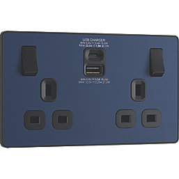 British General Evolve 13A 2-Gang SP Switched Socket + 3A 30W 2-Outlet Type A & C USB Charger Blue with Black Inserts