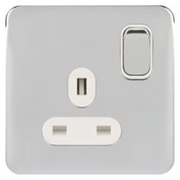 Schneider Electric Lisse Deco 13A 1-Gang SP Switched Plug Socket Polished Chrome  with White Inserts