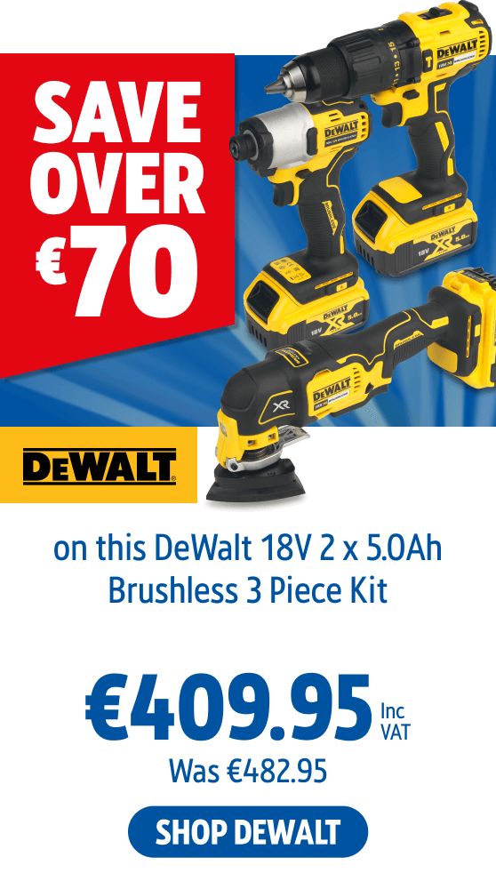 Save  over €70 Inc VAT on this DeWalt 18V 2 x 5.0Ah Brushless 3 Piece Kit.  Shop DeWalt