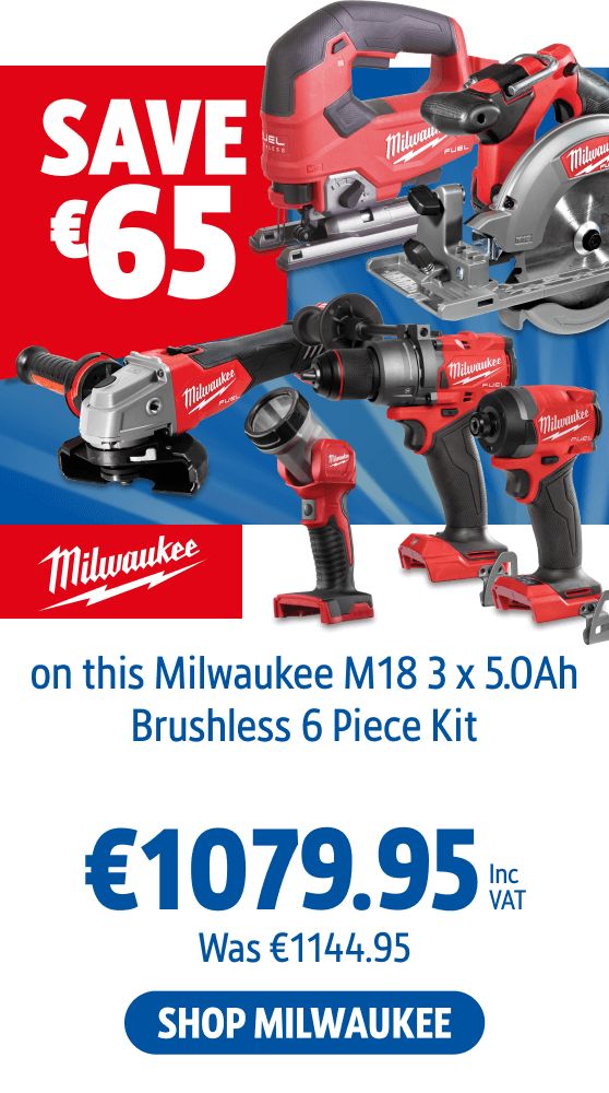 Save €65 Inc VAT on this Milwaukee M18 3 x 5.0Ah Brushless 6 Piece Kit.  Shop Milwaukee