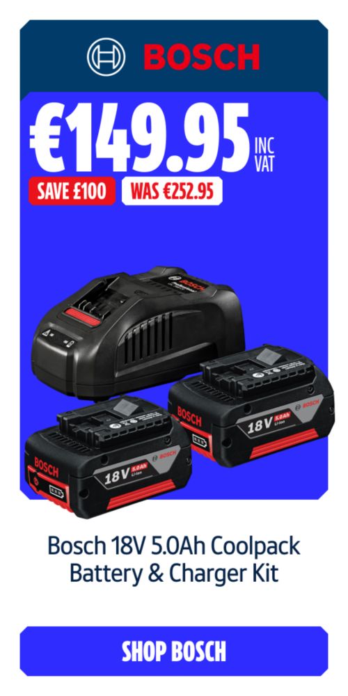 Save €100 Inc VAT on this Bosch 18V 5.0Ah Coolpack Battery & Charger Kit. Shop Bosch