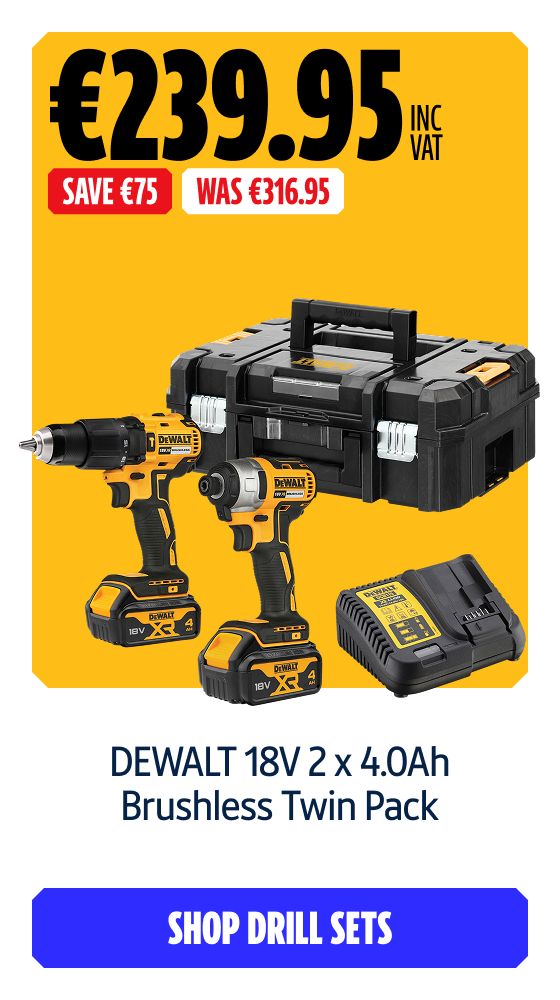 Save €75 Inc VAT on this DEWALT 18V 2 x 4.0Ah Brushless Twin Pack. Shop Drill Sets