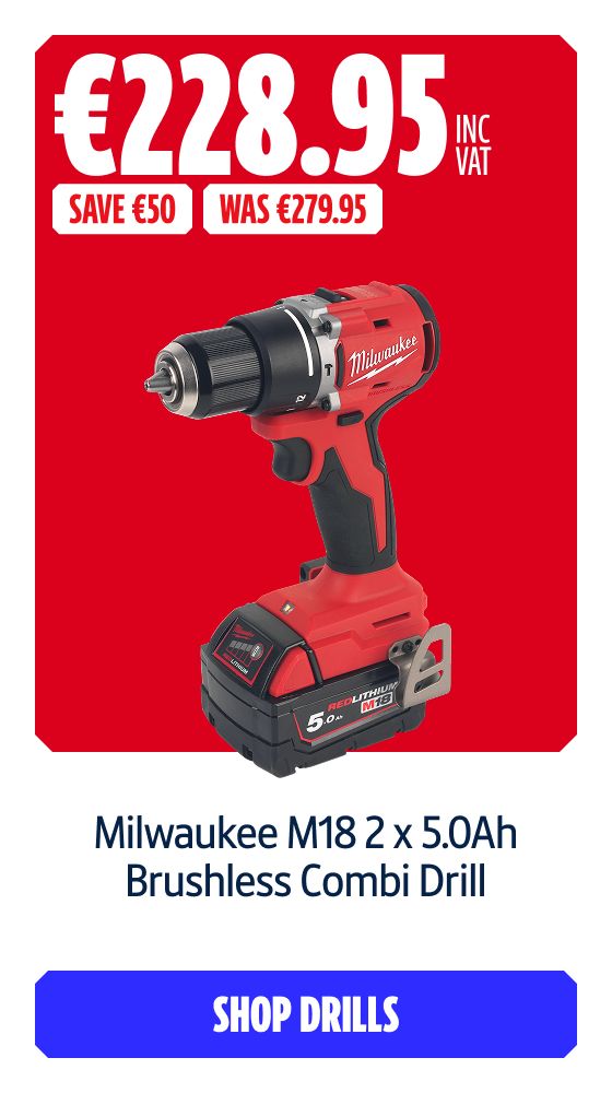 Save €50 Inc VAT on this Milwaukee M18 2 x 5.0Ah Brushless Combi Drill. Shop Drills