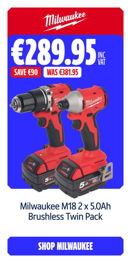 Save €90 Inc VAT on this Milwaukee M18 2 x 5.0Ah Brushless Twin Pack. Shop Milwaukee