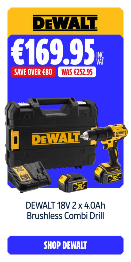 Save Over €80 Inc VAT on this DEWALT 18V 2 x 4.0Ah Brushless Combi Drill. Shop DEWALT