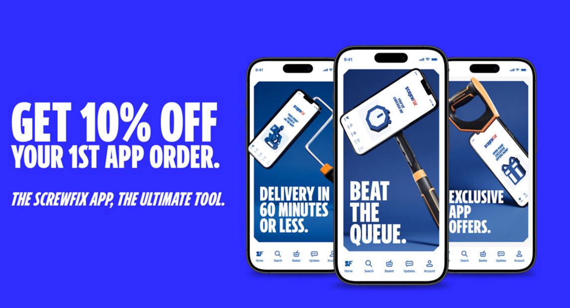 Get 10% off your first App Order! The Screwfix App. The Ultimate Tool.
