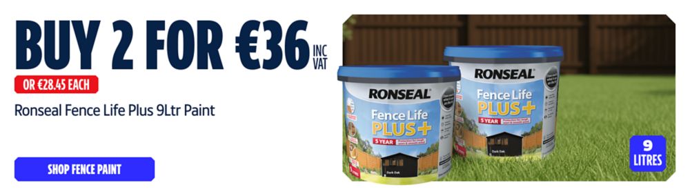 Buy 2 for €36 Inc VAT on Ronseal Fence Life Plus 9Ltr Paint. Shop Fence Paint
