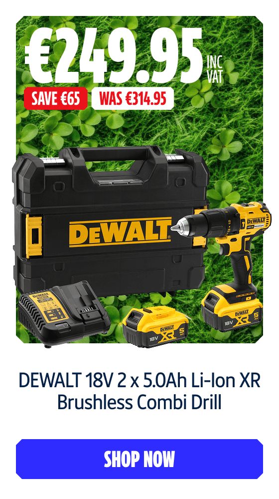 Save €65 Inc VAT on this DEWALT 18V 2 x 5.0Ah Li-Ion XR Brushless Combi Drill. Shop Now