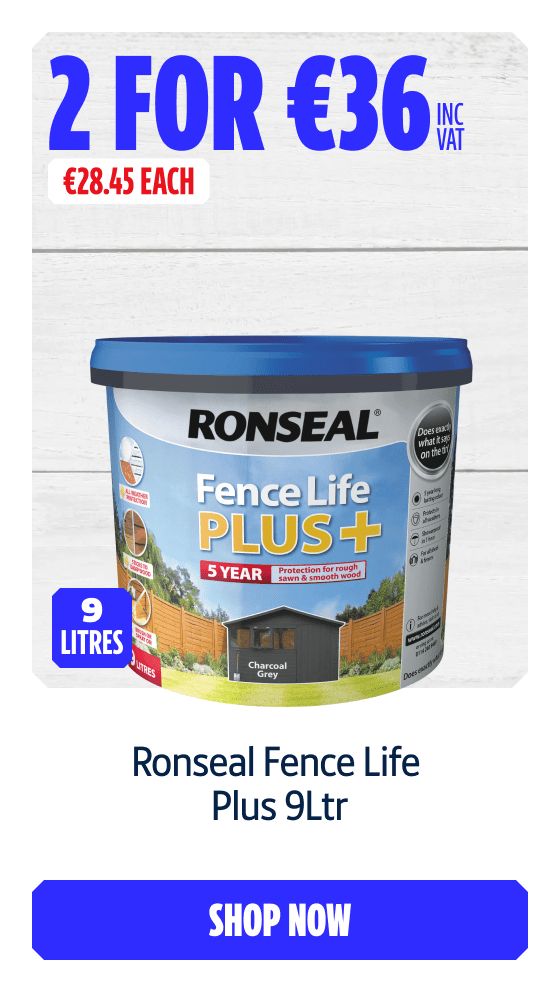 2 for €36 Inc VAT on Ronseal Fence Life Plus 9Ltr. Shop Now