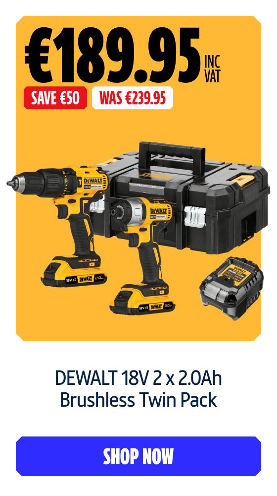 Save €50 Inc VAT on this DEWALT 18V 2 x 2.0Ah Brushless Twin Pack. Shop Now