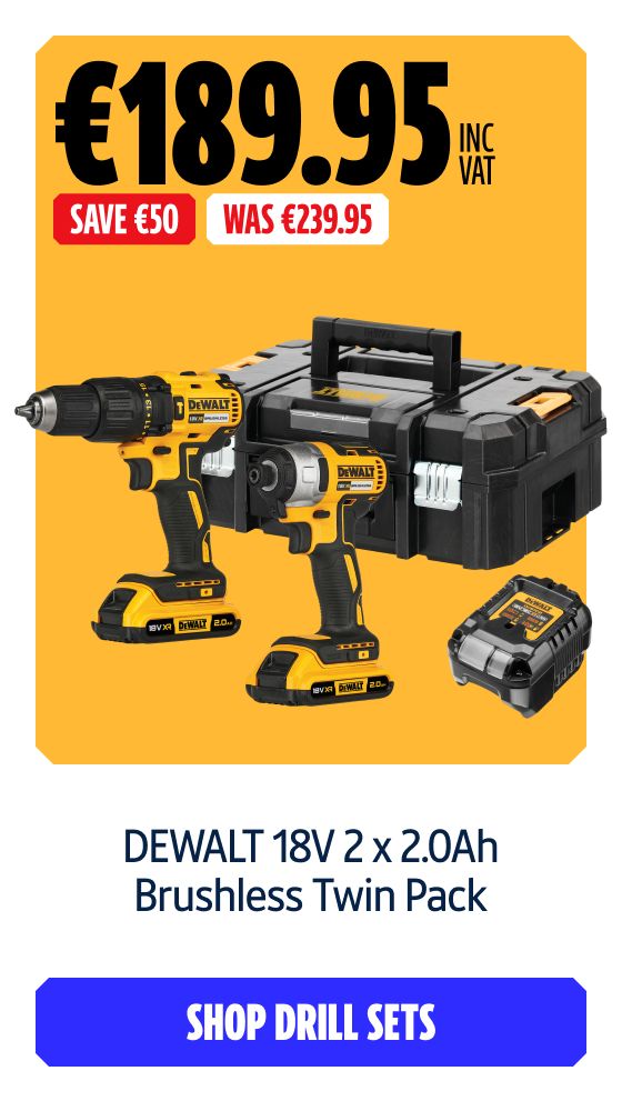 Save €50 Inc VAT on this DEWALT 18V 2 x 2.0Ah Brushless Twin Pack. Shop Drill Sets