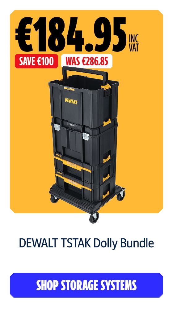 Save €100 Inc VAT on this DEWALT TSTAK Dolly Bundle. Shop Storage Systems