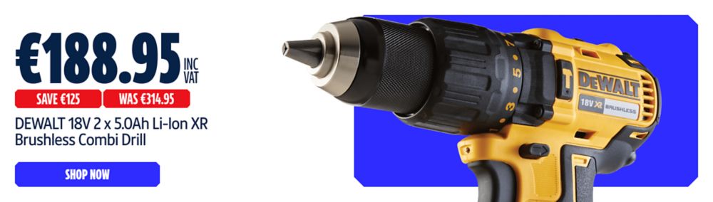 Save €125 Inc VAT on this DEWALT 18V 2 x 5.0Ah Li-Ion XR Brushless Combi Drill. Shop Now