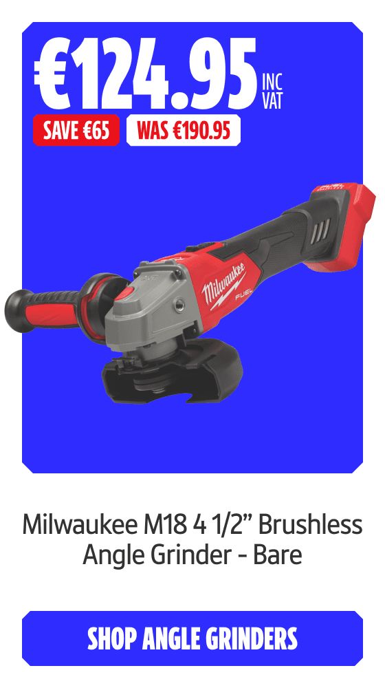 Save €65 Inc VAT on this Milwaukee M18 4 1/2” Brushless Angle Grinder - Bare. Shop Angle Grinders